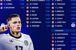 德转更新德国队身价：维尔茨1.1亿欧居首，卡尔6000万欧队内第三